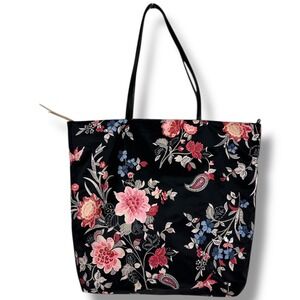 Loft Floral Tote Shoulder Bag‎ Black Womens Top Zipper Closure Purse Boho Hippie